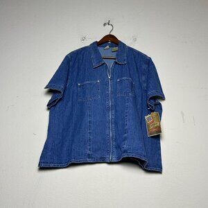 NWT North West Blue Short Sleeve Denim Jean Full Zip Shirt Women 3X Western
